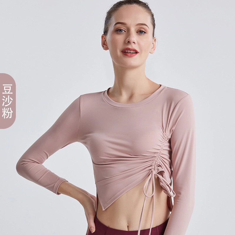 New Yoga Clothes Women′ S Running Fitness Sports Top Summer Bow Drawstring High Elastic Slim Long Sleeves