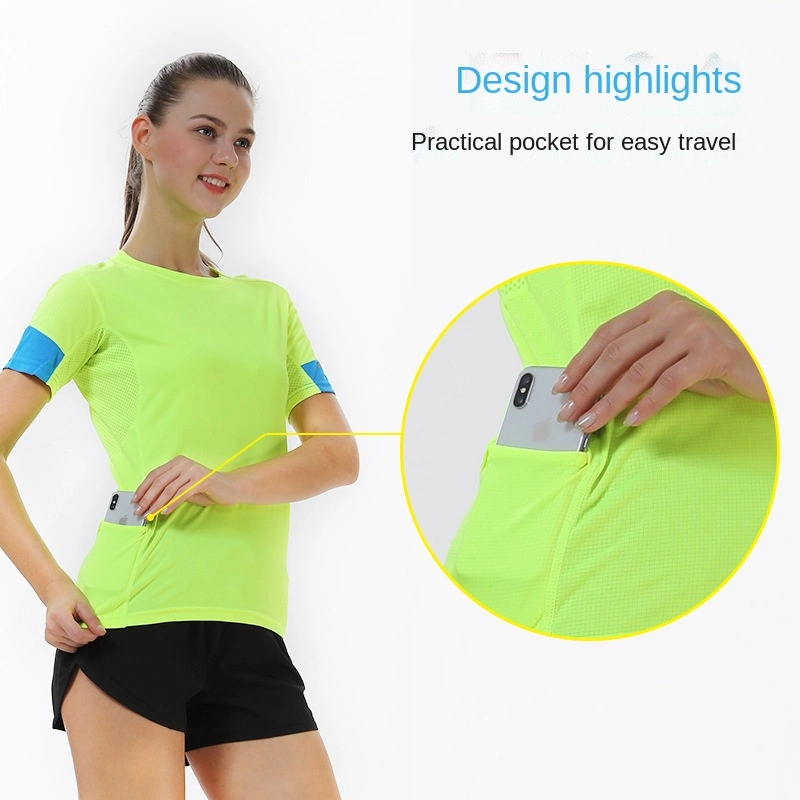 Reflective Pocket Sports Short Sleeve T-Shirt Men and Women Training Breathable Fitness Suit Leisure Fast Dry Running Jacket Short Sleeve