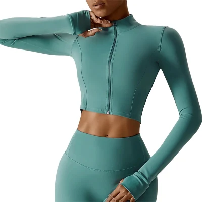 Prendas exteriores para mujer Cuello simulado Cremallera recortada Top Running Sweatsuit Chaquetas de chándal Slim Fit de secado rápido