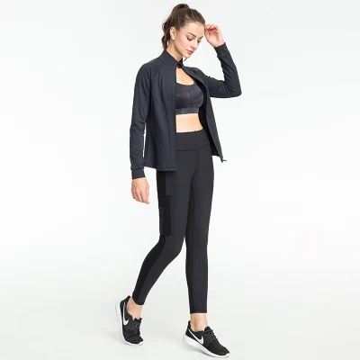 Chaqueta de Yoga ajustada de secado rápido con retazos elásticos de manga larga atlética para gimnasio con cremallera completa para correr y Fitness