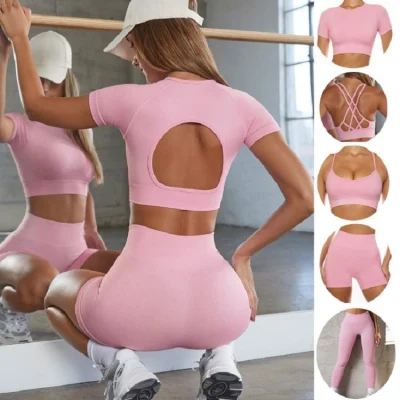 Ropa de yoga sin costuras para mujer Sujetador Fitness Manga corta Cintura alta Levantamiento de glúteos